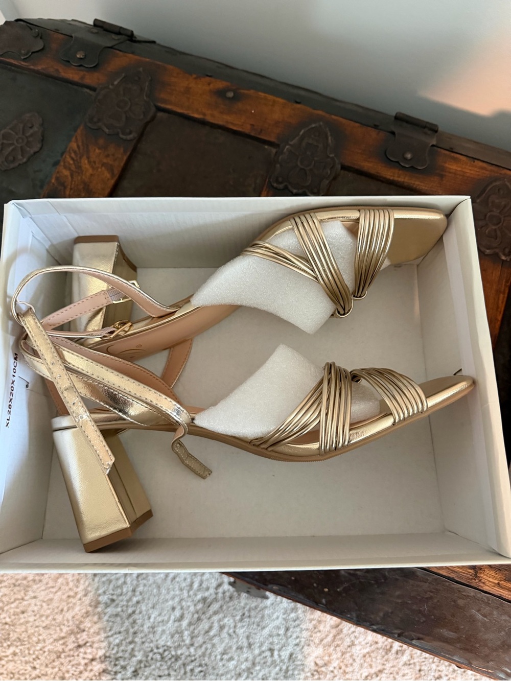Gold Strappy Block Heel Sandals - Women
